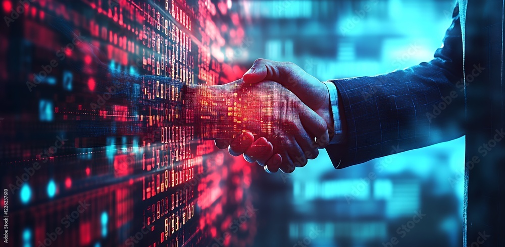 Aufkleber Business Handshake Amidst Digital Technology Overlay with Binary Code : Generative AI