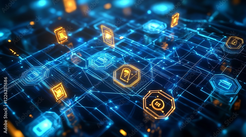 Fototapete Futuristic Digital Network Blockchain Concept with Glowing Connections : Generative AI