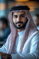 Smiling Business Professional in Traditional Dress at Modern Workplace : Generative AI