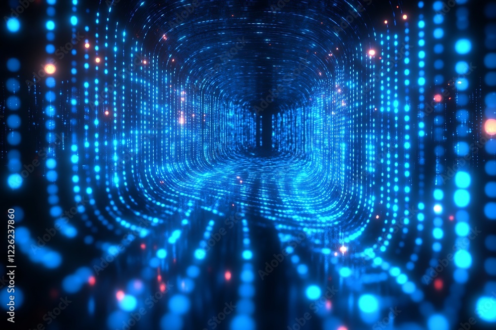 Poster Futuristic Data Stream Tunnel with Vibrant Blue Illuminated Patterns and Technology Vibes : Generative AI
