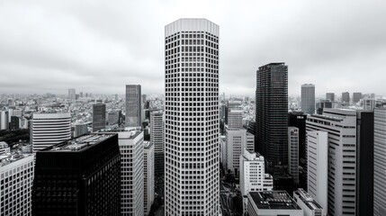Fototapeta premium A monochrome cityscape featuring tall skyscrapers under a cloudy sky.