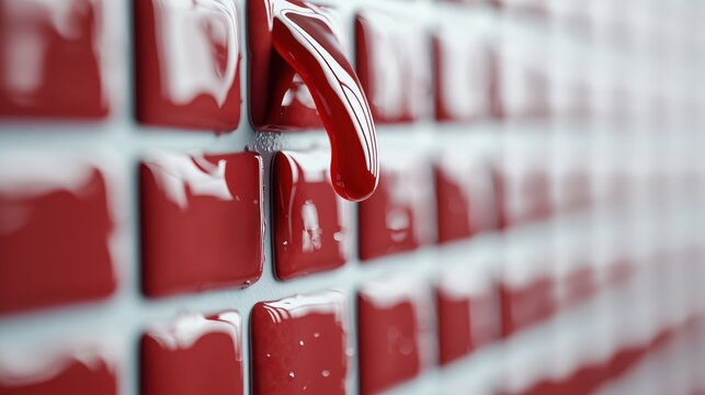 A close-up of red tiles with paint dripping, showcasing a vibrant and artistic surface.