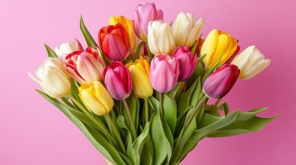 Obraz premium Colorful tulip bouquet arranged on a vibrant pink backdrop for a cheerful spring display