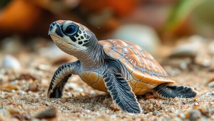 Obraz premium Tiny Sea Turtle Hatchling Crawls Towards Ocean on Sandy Beach Under Warm Sunshine Surrounded by Natural Coastal Elements