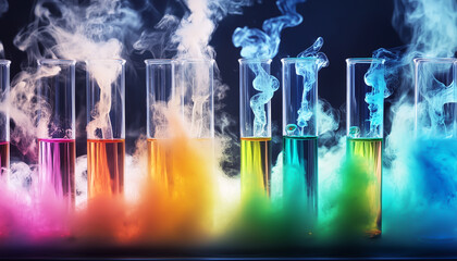 Test tubes erupting in colorful chemical reactions, with smoke billowing.  Generative AI.