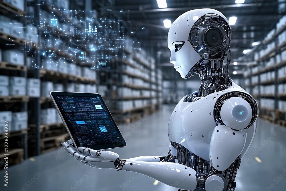 Fototapete advanced robot operating digital tablet in high tech warehouse environment : generative ai