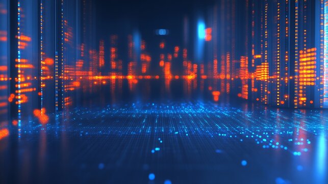 Futuristic Data Center With Glowing Orange Lights And Digital Information Panels : Generative AI - Powered by Adobe
