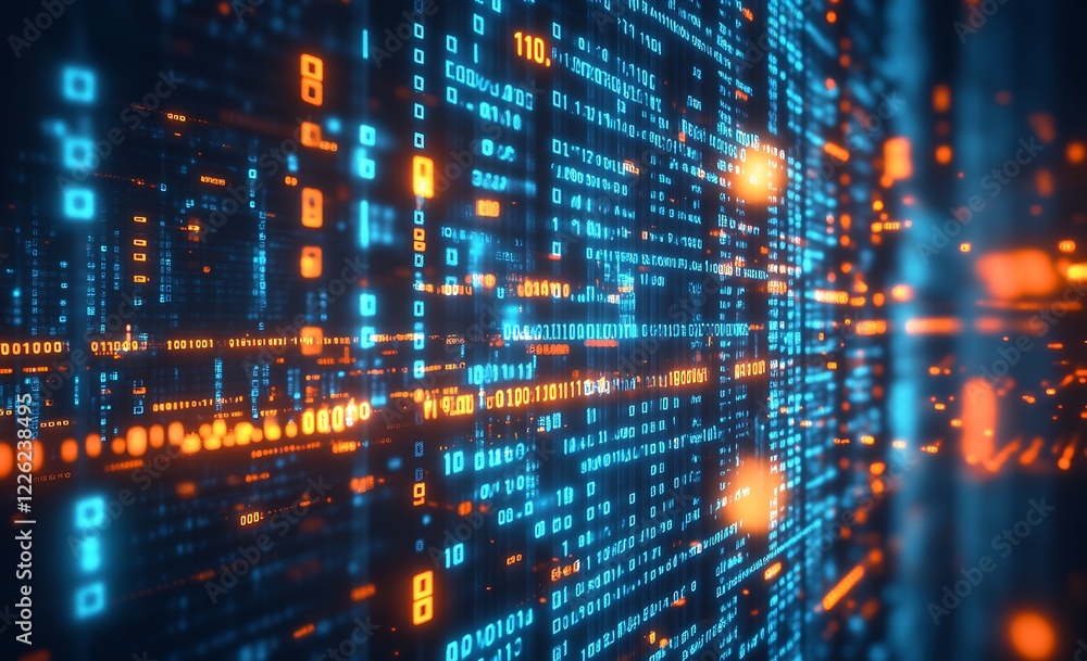 Aufkleber Bright Glowing Binary Code Data Stream for Futuristic Technology Concepts : Generative AI