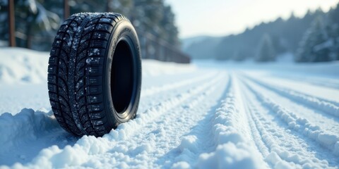 Winter tire resting on a snowy path, showcasing its deep tread and robust design, ready for challenging winter conditions