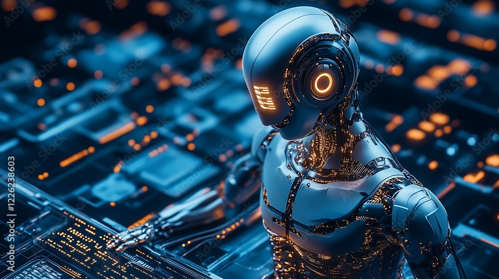 Poster Advanced AI Robot Operating High-Tech Interface in a Cybernetic Futuristic World : Generative AI