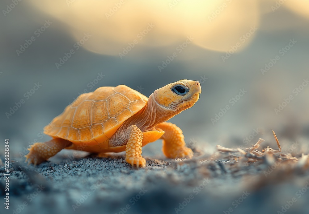 Aufkleber tiny turtle crawling on soft ground with a dreamy background highlighting its vibrant shell and smal