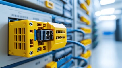 Close-up of network equipment with connectors and cables in a data center.