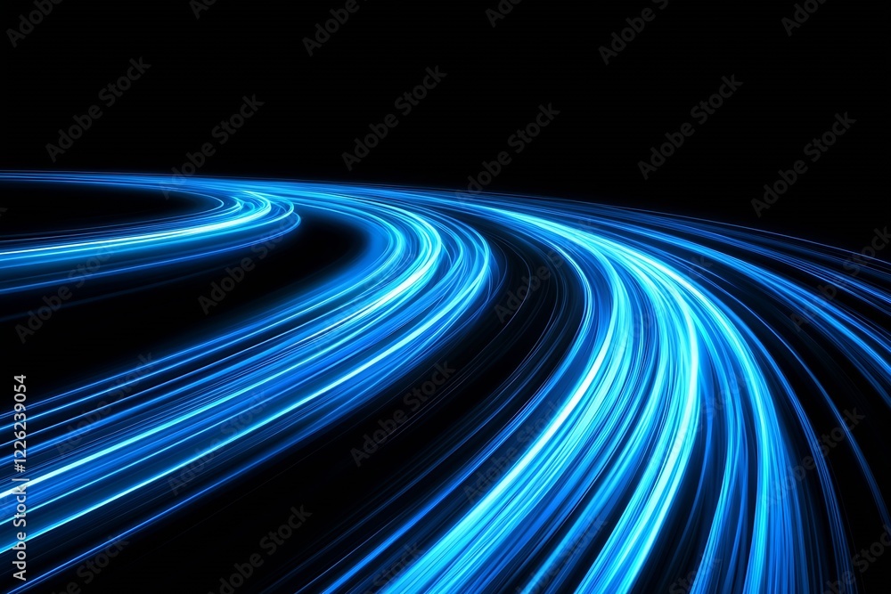 Poster Curved Blue Light Trails Over Dark Background Representing Fast Technology and Movement : Generative AI