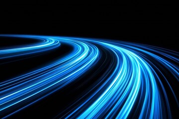Curved Blue Light Trails Over Dark Background Representing Fast Technology and Movement : Generative AI