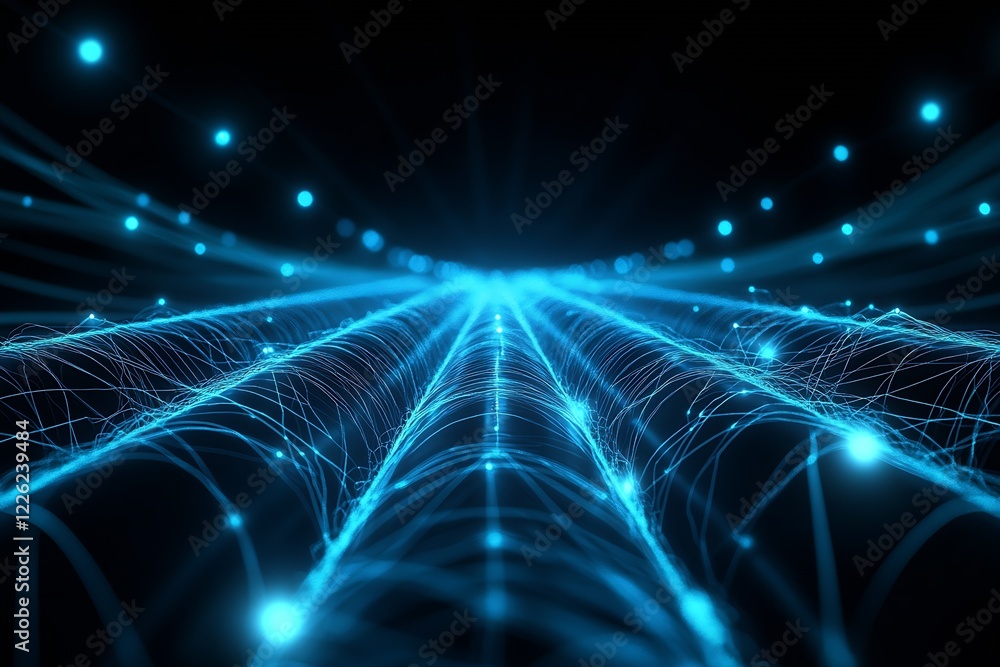Aufkleber futuristic digital wave network with glowing blue nodes on black background : generative ai