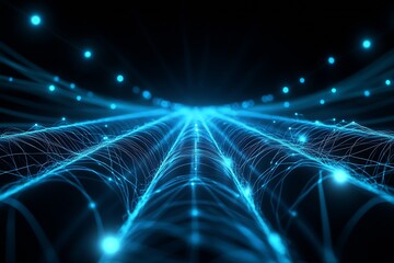 Futuristic Digital Wave Network with Glowing Blue Nodes on Black Background : Generative AI