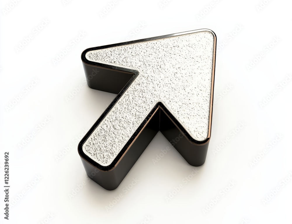 Poster 3d silver arrow cursor pointing upward on white background.