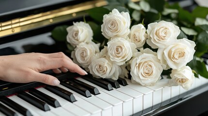 A hand gently plays a piano, adorned with a bouquet of white roses.