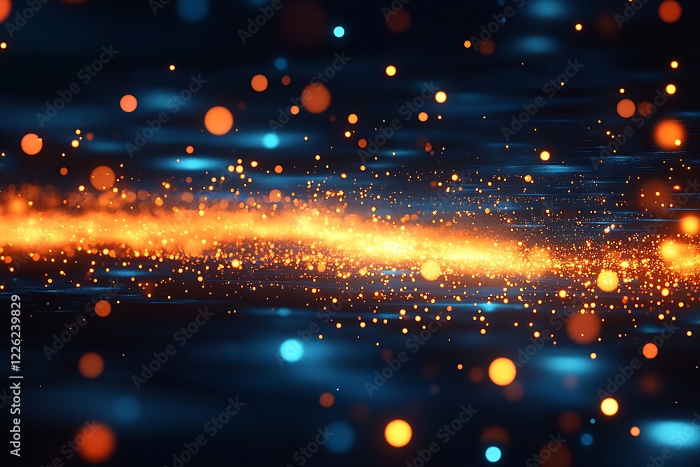 Poster dynamic orange and blue light streams in a futuristic digital space : generative ai