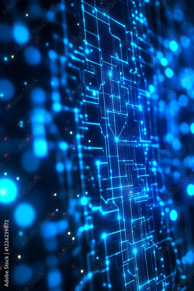 Poster Futuristic blue digital network circuitry with deep glowing lights and abstract patterns : Generative AI