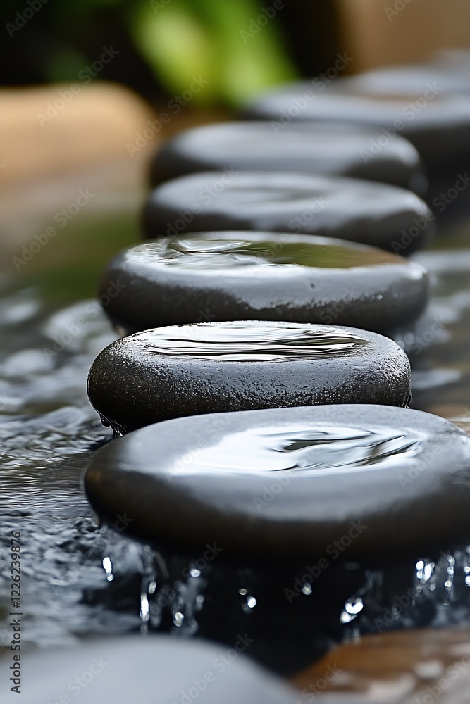 Poster pebble path over flowing water for a meditative garden experience : generative ai