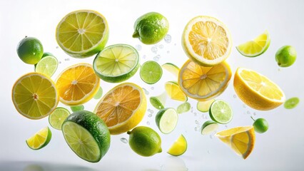 Falling Citrus Slices Silhouette Photography - Lime Lemon White Background
