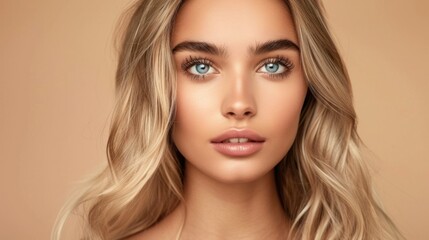 Fototapeta premium Beautiful Woman Model with long blonde hair isolated on beige background, AI generated image