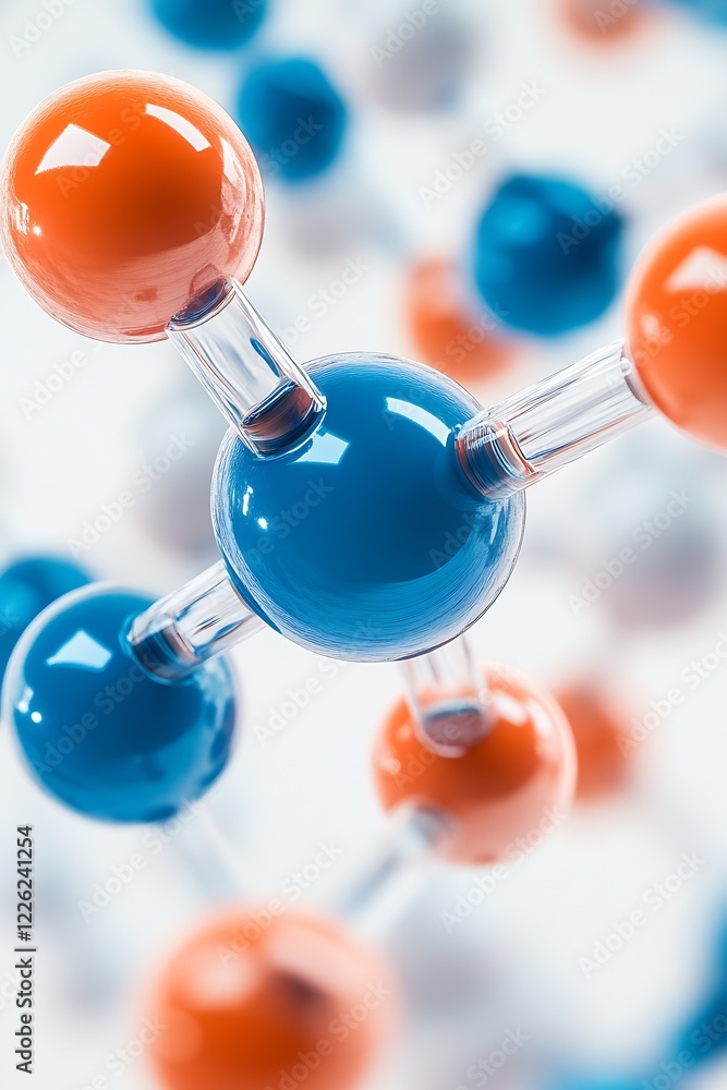 Poster detailed view of molecular model with blue and orange spheres on soft focus background : generative 