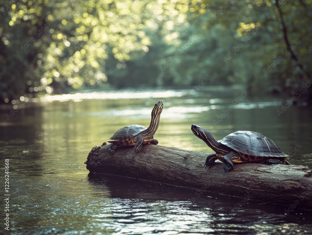 Poster two colorful turtles resting on a log by a tranquil stream surrounded by lush greenery in soft morni