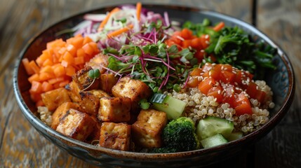 There is a bowl of food with tofu, broccoli, carrots, and other, food background
