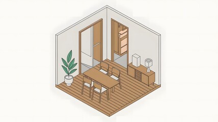 A line art isometric illustration of a room.