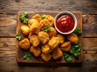 Crispy Chicken Nuggets with Ketchup - Aerial Drone Shot, Restaurant Appetizer, Fast Food