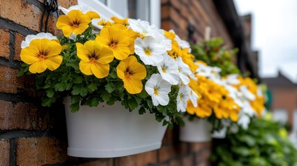 Fototapeta premium Bright yellow and white flowers in planters adorn a brick wall, enhancing outdoor aesthetics.