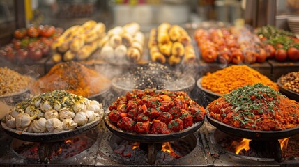 Fototapeta premium Many bowls of food on a grill with flames, food background