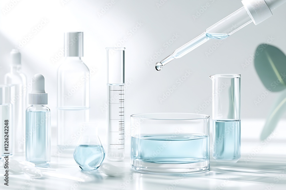 Poster scientific glassware setup with pipette and blue liquids on pristine white surface : generative ai