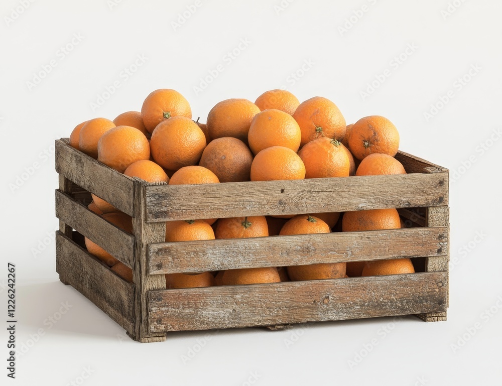 Poster fresh oranges in a rustic wooden crate on white background.