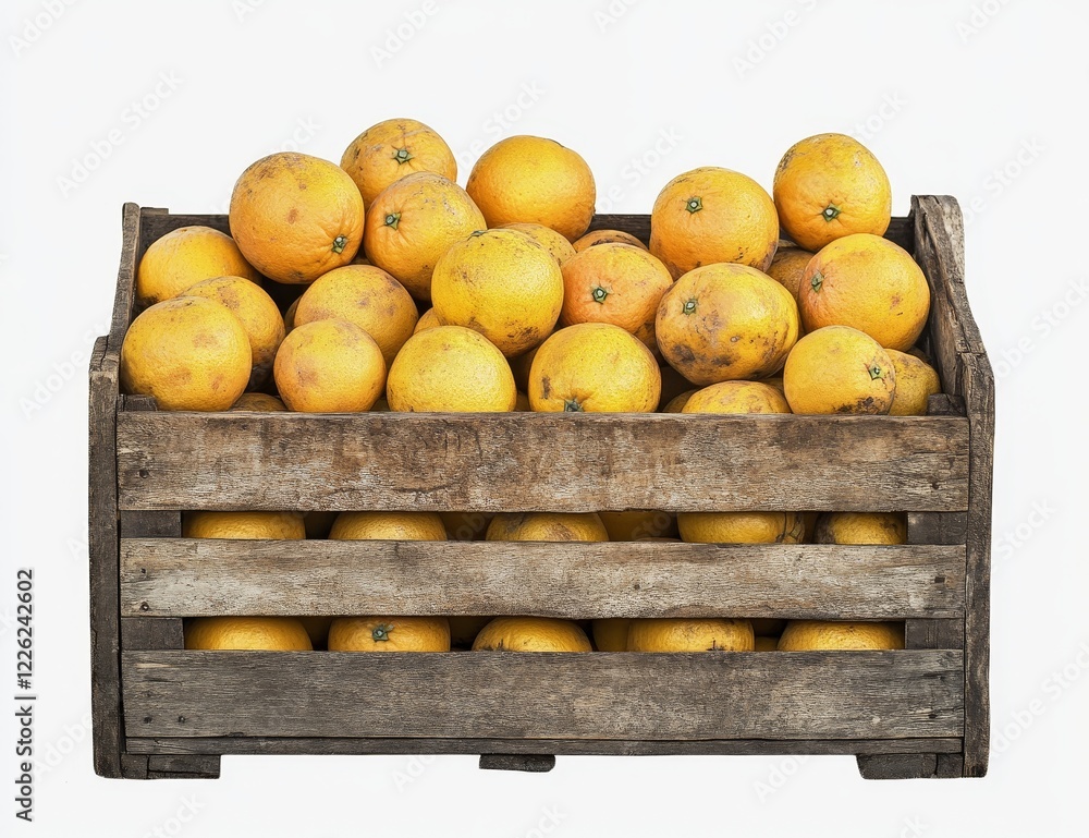 Poster a rustic wooden crate overflowing with ripe, slightly imperfect oranges.