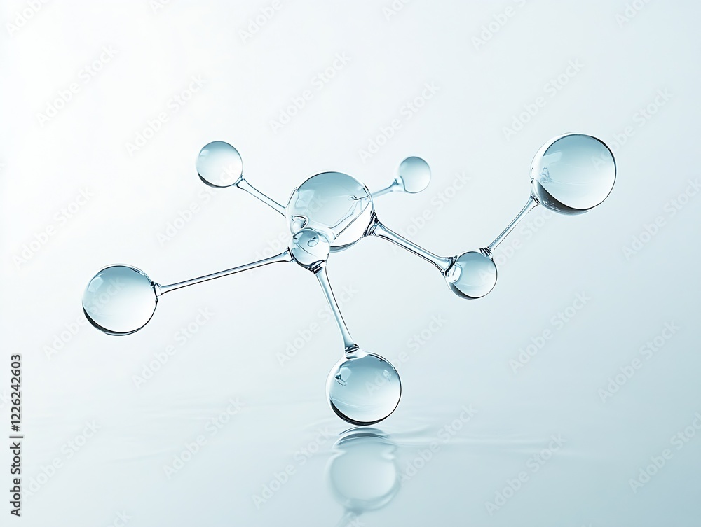 Poster transparent water molecule structure with reflections on blue background : generative ai