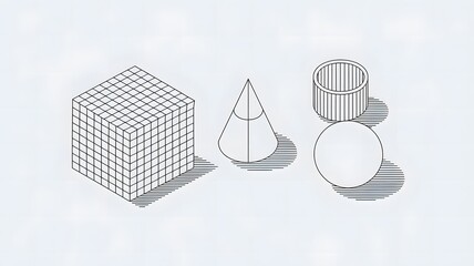 A set of line art isometric illustrations of various objects.