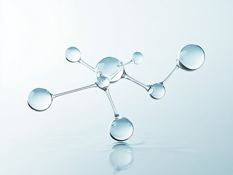Transparent Water Molecule Structure with Reflections on Blue Background : Generative AI