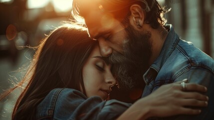 Fototapeta premium Portrait of a romantic couple hugging, AI generated image