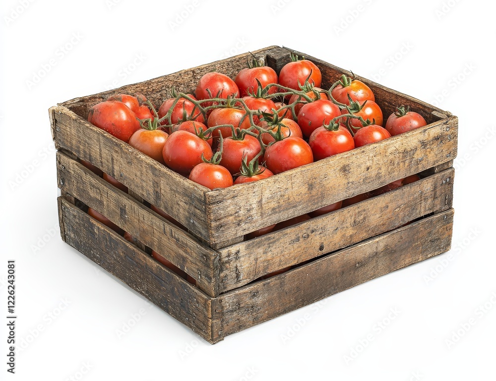 Poster fresh red tomatoes in a rustic wooden crate on white background.