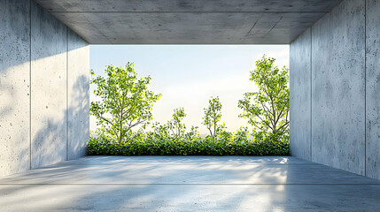 Concrete room, nature view, sunrise, tranquility