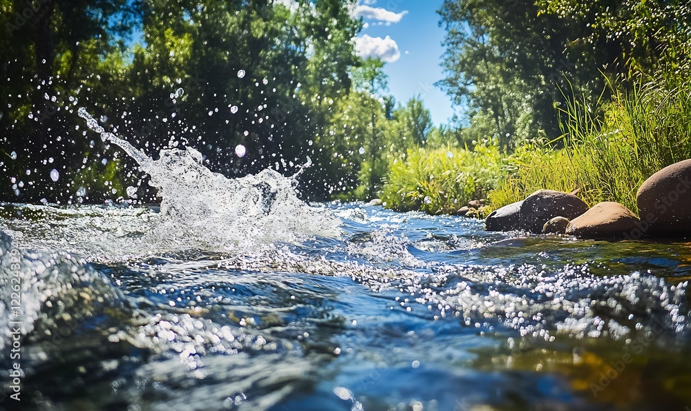 Aufkleber refreshing splash in pristine forest stream captured on a sunny day with lush greenery all around : 