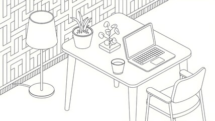 A set of line art isometric illustrations. There's a table with a laptop, a cup, and a plant.