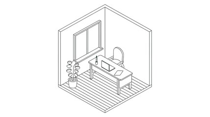 A line art isometric illustration of a room with a desk, chair, and potted plant.