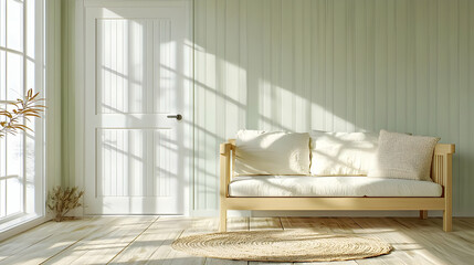 Sunny living room, light wood sofa, calm interior design, home decor