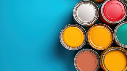A vibrant arrangement of paint cans in various colors on a blue background.