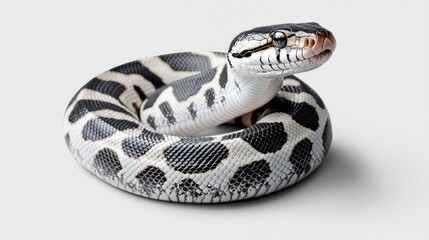 Obraz premium A coiled snake with a striking black and white pattern resting on a neutral background.