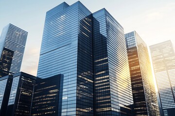 Obraz premium Contemporary glass skyscraper buildings in urban city center illuminated by warm sunlight during golden hour : Generative AI